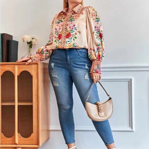 Boho Floral Print Lace Trim Smocked Shirred Cuffed Button Down Shirt Top Blouse - Picture 7 of 7